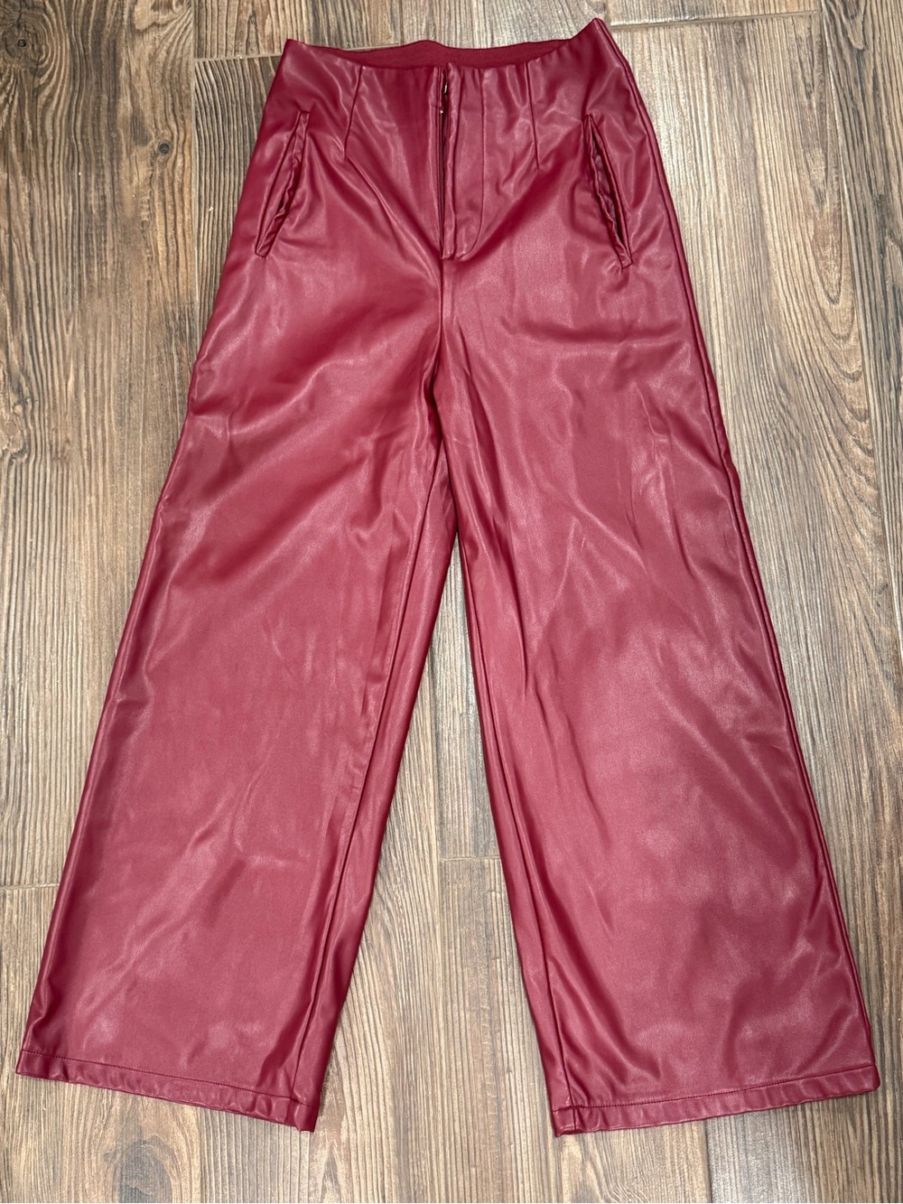 Wide Leg Faux Leather Pants - Wine Red